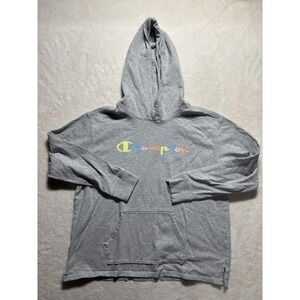 Champion Solid Gray Multi Color Lettering Hoodie Sweatshirt Men's Size Large